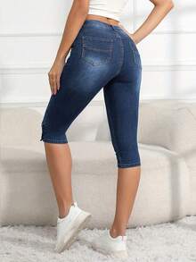 Plus Size Women's Jeans - High Waist Stretch Skinny Capri Pants For Women, Comfortable Button Closure Mid Length Denim Shorts, Casual Petite Bootcut Jeans For Curvy Ladies - 深色水洗藍 - 查看 3