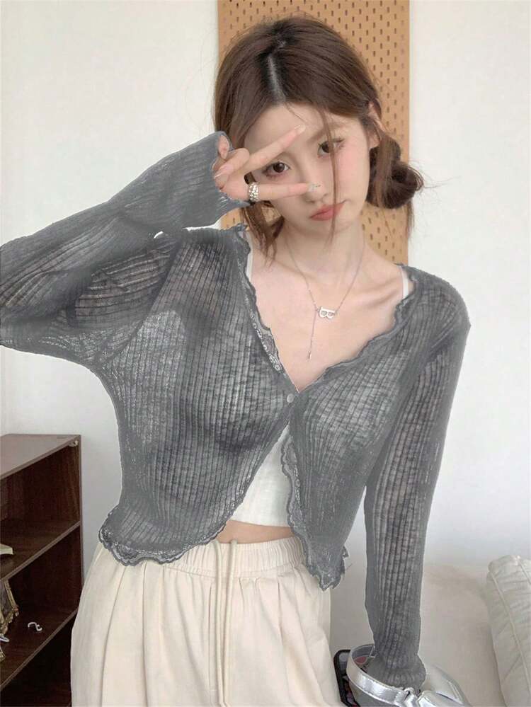 여성용 블루 레이스 트림 브이넥 커버업, 귀여운 학교 복귀 여름 숄 가벼운 아우터웨어