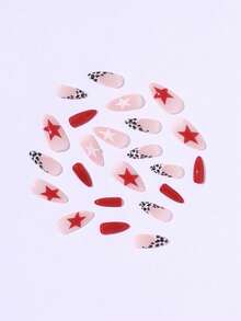 24 件中长杏仁按压指甲和假指甲，白色法式边框搭配豹纹图案，红白星星，Y2K 风格，独立日，经典款式，是送给女孩和女士的惊喜礼物 - 彩色 - 查看 3