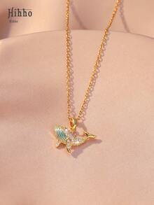 Hihho 1件海洋生物吊坠项链，波西米亚海滩风饰品，饰有珐琅涂层鱼、贝壳、海星、海马吊坠，并镶嵌闪亮锆石，搭配18K钛钢项链，节日礼物 - 金色 - 查看 2