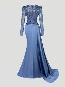 Elisanya Váy dạ hội đuôi cá sequin thanh lịch với chân váy satin dài chấm đất | Thiết kế trang trọng thanh lịch sang trọng | Hoàn hảo cho đám cưới, tiệc Gala, sự kiện thảm đỏ và bữa tối trang trọng - Màu xanh bụi bặm - Xem 10