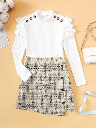 2pcs/Set Girls & Teens Casual Sweet Fashion Top & Versatile Plaid Skirt Outfit, Spring/Autumn