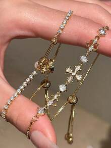 1pc Geometric Faux Pearl Micro-Inlaid Zirconia Tassel Luxurious Copper Gold Color Bracelet For Women, Suitable For Evening Party, Gala, Date, Matching Daily Outfits And Accessories - Gold - View 1