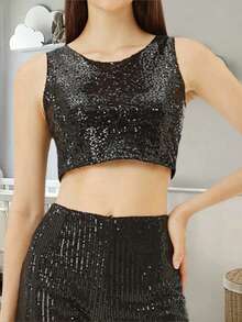 Women Sequin Tank Tops Slim Sparky Round Neck Sleeveless Showing Navel Crop Vest  Summer Streetwear - 黑色 - 查看 1