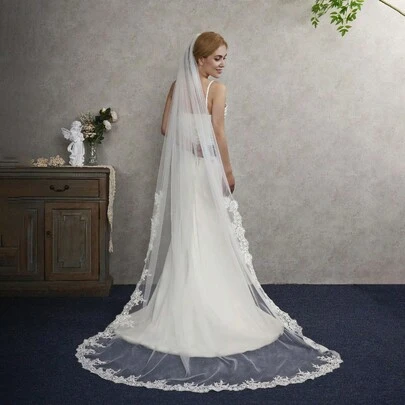 1 件带蕾丝边的新娘长头纱，优雅拖尾，适合婚纱、摄影、小教堂秋季女士服装