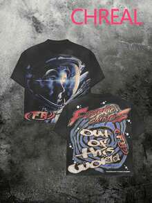 (Double Sided Printing)Astronaut  Printed Fashionable And  Soft And Comfortable Casual T-Shirt, Suitable For Both Men And Women - 黑色 - 查看 1