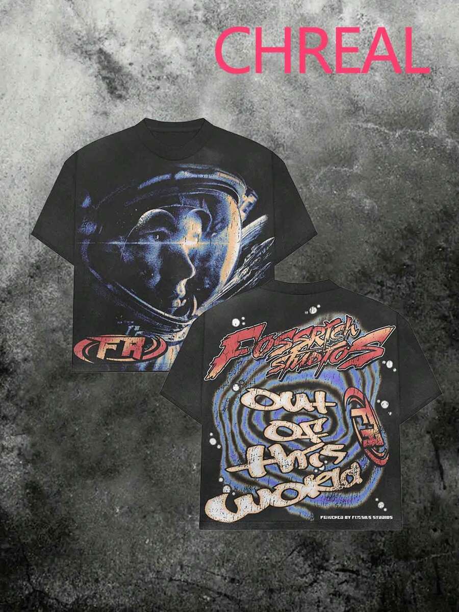 (Double Sided Printing)Astronaut  Printed Fashionable And  Soft And Comfortable Casual T-Shirt, Suitable For Both Men And Women - 黑色 - 查看 1