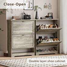 Shoe Storage Cabinet With 2 Flip Drawers, Farmhouse Narrow Shoe Cabinet With Open Storage, Freestanding Hidden Slim Shoe Organizer Cabinet For Entryway, Foyer, Hallway - Xám - Xem 4