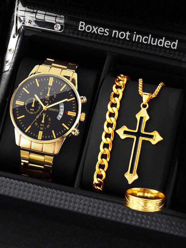 Set de 4 piezas: Reloj de cuarzo casual/deportivo para hombres con calendario, de lujo único, apto para uso diario, regalo de temporada escolar para amigos - Reloj, Brazalete, Collar, Anillo