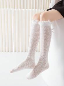 2双装儿童过膝袜，女童网眼袜，白色、黑色、纯色、荷叶边、蝴蝶结、波点、条纹、直筒筒袜，可爱公主风、学院风，春夏秋季均适用，适合日常穿着、派对、公主袜、假期、返校季，精致可爱，百搭，可搭配平底鞋、运动鞋、乐福鞋，返校季、学生、新学期、开学、教室 - 彩色 - 查看 5