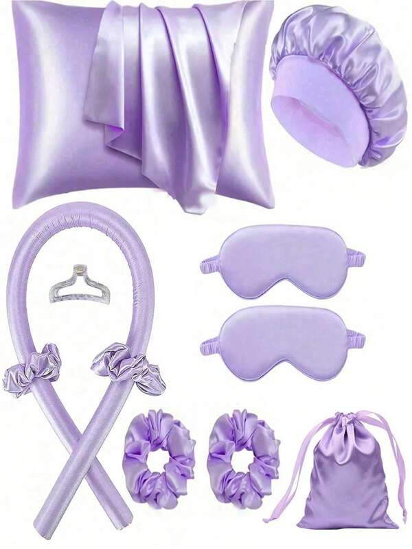 10 Stücke Haarstyling-Set für den Schlaf, 1 Stück Seidenkopfkissenbezug für Haar und Haut Queen Set, Seidenloses Lockenstyling-Set, Übernacht-Lockenstab, 1 Stück Schlaf-Augenmaske, 1 Stück Schlaf-Seidennachthaube, Schlaf-Essentials, Schulanfang, Reise-Urlaubsartikel, Haaraccessoires für Frauen