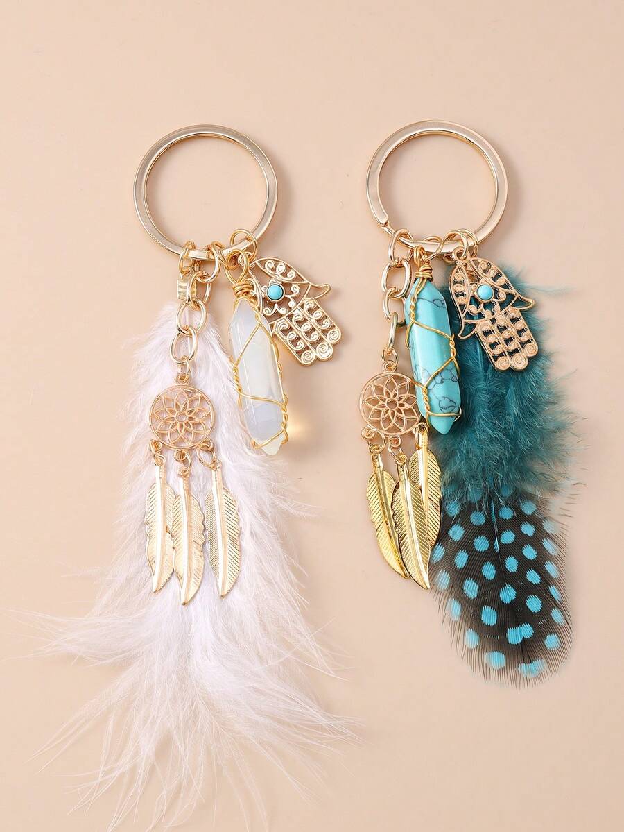 1pc Creative Tassel Palm Hexagonal Flower Faux Feather Keychain, Women Accessory For Daily Wear Car Accessories Cute Goth Y2k Halloween Accessories Teachers Day Christmas Gift Ideas Bag Lanyards With Id Holder Car Accessories Bag Charms - Multi-element Imitation Feather - View 1