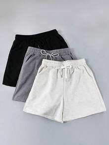 3 piezas Pantalones cortos casuales de unicolor, pantalones cortos deportivos con cintura elástica con cordón,pantalones cortos boxer, pantalones cortos jogger, pantalones cortos de activewear para mujer con cordón, - 3PCS - Ver 2