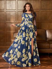 Faeriesty 印花优雅雪纺花卉印花长裙 - 交叉领口，带有蕾丝花朵的透明网眼肩部面板，可调节腰带以修饰轮廓，飘逸的及地长裙 | 浪漫婚礼和花园派对服装 - 藏蓝色 - 查看 9