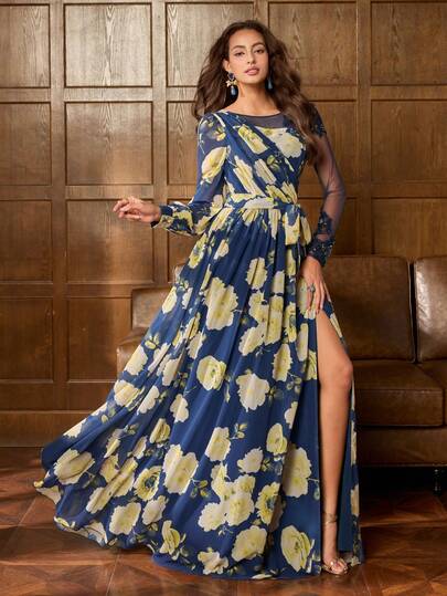 Faeriesty Vestido maxi de gasa elegante con estampado floral - Cuello cruzado, panel de hombros de malla transparente con flores de encaje, cinturón ajustable en la cintura para una silueta favorecedora, falda fluida hasta el suelo | Atuendo romántico para bodas y fiestas de jardín