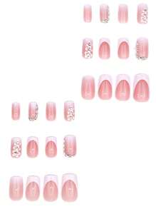 24pcs Long Square Colorful Crystal Nail Flower Design French Nails, 1pc Jelly Gel, 1pc Nail File