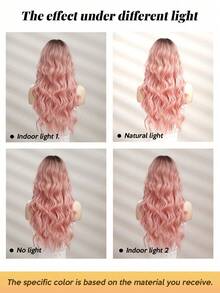 26英寸时尚渐变粉色波浪刘海合成耐热纤维假发，女士假发，适合节日、派对和日常佩戴 - 漸層粉紅色 - 查看 7