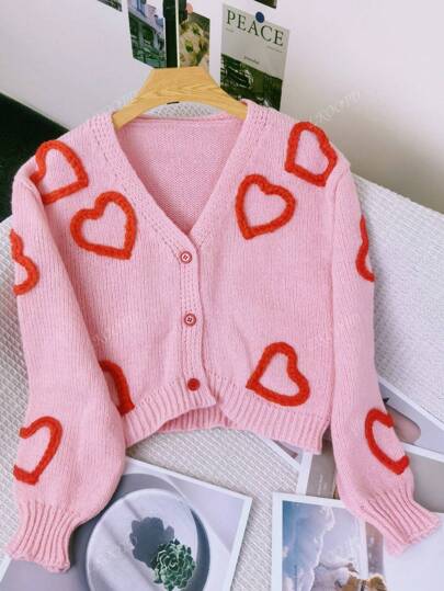Women Heart Pattern Single-Breasted Casual Cardigan, Autumn/Winter