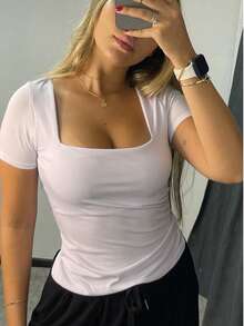 Kit Of 3 Basic Suplex Blouses, Square Neckline, Short Sleeve, Lined - 白色/米色/棕色 - 查看 5