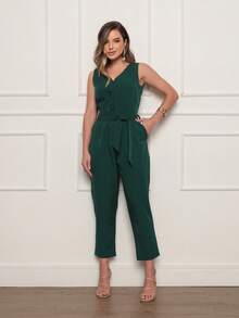Women's Long Jumpsuit In Modern Tailoring With V-Neckline, Wide Straps And Tie At The Waist, Versatile Sophisticated Style - 墨綠色 - 查看 3