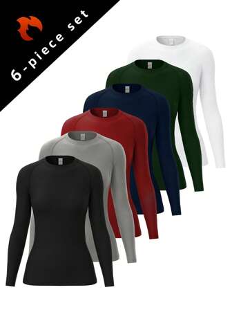 6 piezas Tops de mujer para fitness y yoga, ropa de entrenamiento elástica y ajustada para correr, trotar, otoño/invierno
