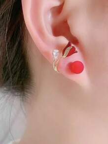 1pc Red Rose Design Earrings, Fashionable Dangling Earrings, Versatile Eardrop Jewelry For Brides