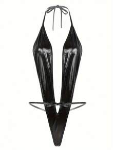 Hot Glitter PU Leather Teddy, Deep V Halter Backless Bodysuit, Women's Sexy Lingerie & Underwear - 黑色 - 查看 1