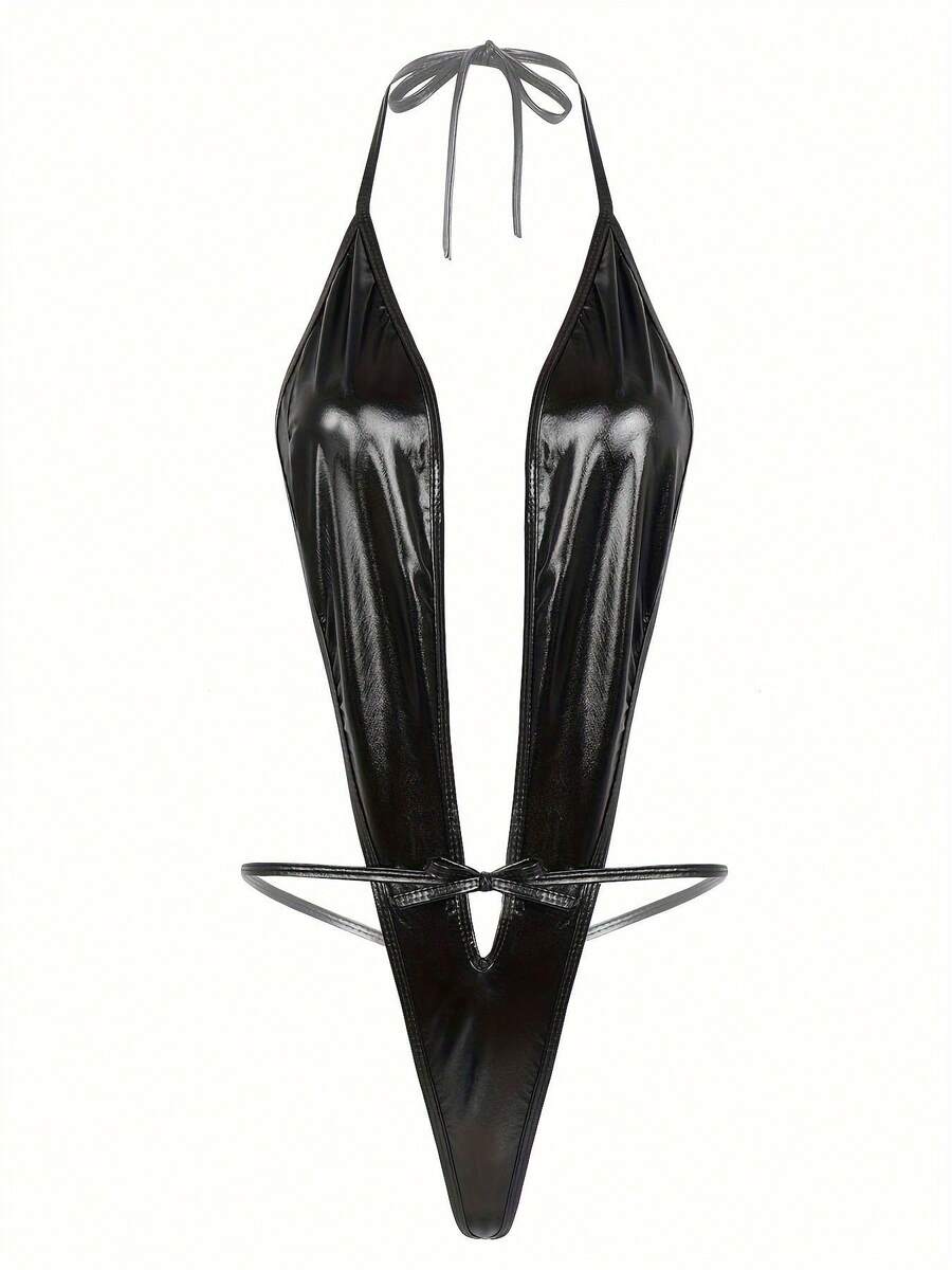 Hot Glitter PU Leather Teddy, Deep V Halter Backless Bodysuit, Women's Sexy Lingerie & Underwear - 黑色 - 查看 1