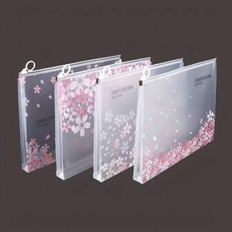 4pcs A4 Waterproof Cherry Blossom Style File Storage Zipper Bag, 4 Styles For Organizing School Supplies, Office Supplies, Home Organization And Travel Storage