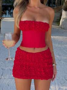 Women Y2k Summer 2 Piece Mini Skirt Set Beach Vacation Clothes Outfit Strapless Corset Tube Tops + 3D Floral Bodycon Skirt Set Party Clubwear Crop Tank Tops And Low Rise Skirt Sets - 紅色 - 查看 3