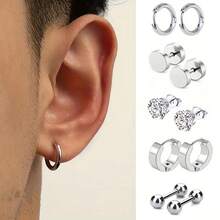 5 Pairs Of Men's Punk-Style Titanium Steel Round Earrings, Set With Cubic Zirconia - Perfect For Casual Decoration - Earring - View 6