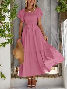 Women's Summer Casual Dresses Square Neck Ruffle Short Sleeve High Waist A-Line Wedding Dresses - Màu hồng đậm - Xem 4