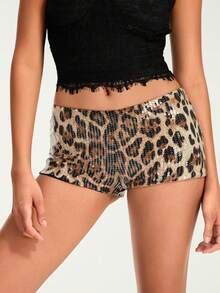 Womens Sequin Leopard Micro Shorts Sparkly Low Rise Y2k Leopard Print Mini Shorts Glitter Skinny Rave Bottoms Hot Pants Party Clubwear Streetwear - Nhiều màu - Xem 3