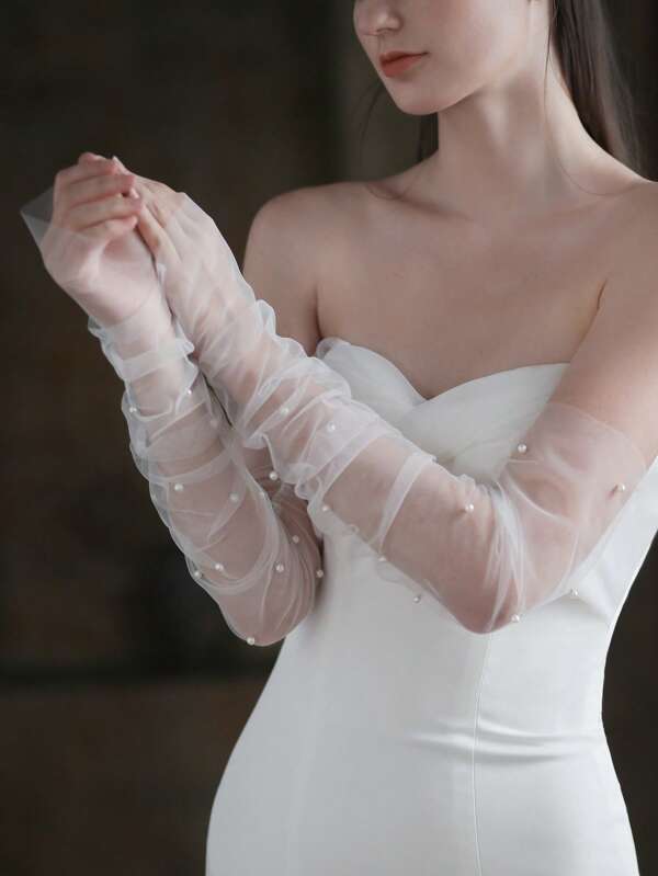 1 Pair Minimalist White Pearl Long Bridal Arm Sleeve, Wedding Party Evening Gown Accessory Autumn Accessories