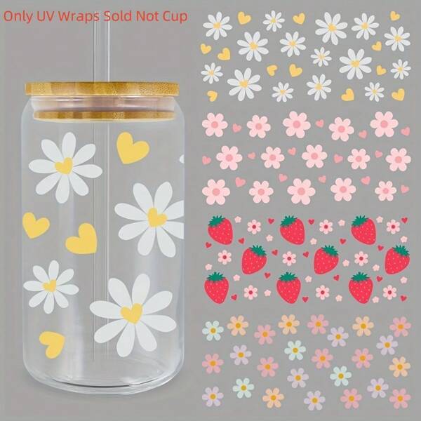 4pcs Daisy & Strawberry Pattern Waterproof Scratchproof UV DTF Transfer Paper, Self-Adhesive PVC Decal Stickers, Applicable For Mugs, Ceramic Cups, Glass Cups, Metal Cups, Laptop & Phone Cases, DIY Packaging