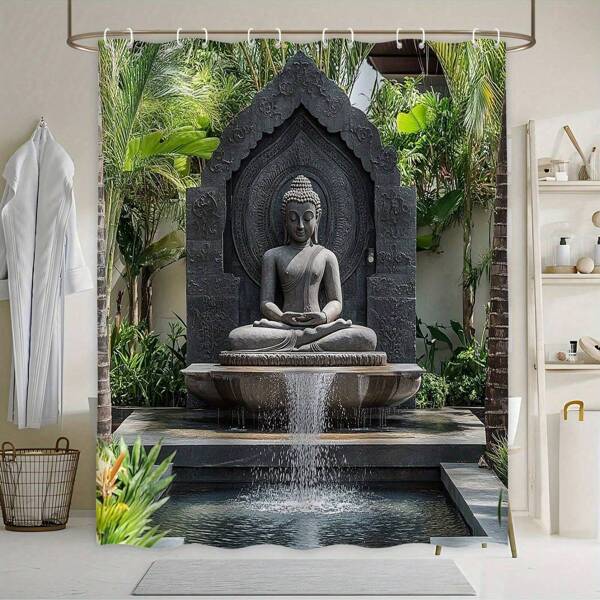 1 Pc Of Pool Buddha Print Bathroom Curtain - Rural Home And Bathroom Decoration, Made Of Polyester Material, Including 12 Hooks, Machine Washable And Hand Washable, Suitable For All Seasons Bathroom Accessories Back To School