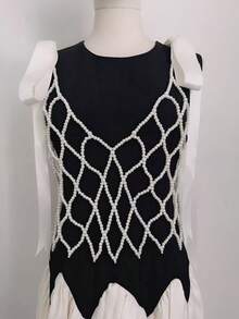 DEKUNER 串珠吊带背心设计小众外套百搭时尚镂空针织V领身体链可爱蝴蝶结肩带，女士礼物 - 白色 - 查看 7