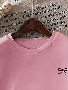 蝴蝶结印花宽松短袖T恤，春夏 - 粉色 - 查看 3