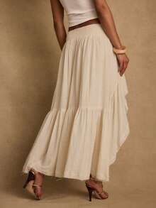 Ladies Summer Linen Loose Elastic Waist Ruffle Hem Asymmetrical Hem Skirt, Casual Boho Western Style, Suitable For Music Festivals, Concerts, Parties, Young Girls Daily, Beach Vacation - Apricot - View 4
