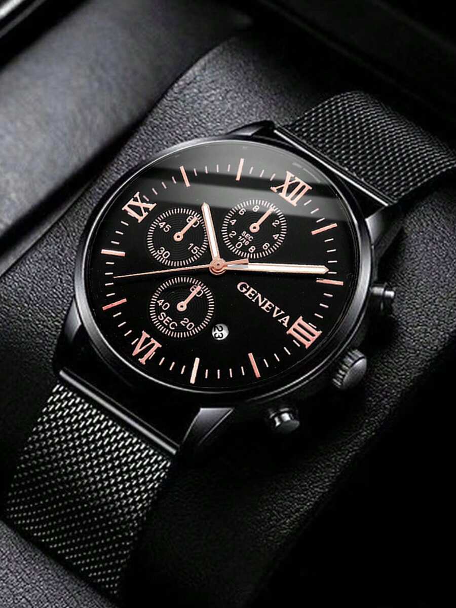 1 件休闲男士石英表，简约圆形表盘，金属网状表带，男士最佳礼物，适合节日礼物和日常佩戴