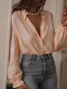 Hot Selling Retro Embroidery Ruffle Hem Floral & Leaf Print Buttoned Women Blouse, Daily Wear Spring - Apricot - View 6