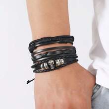 6pcs Punk Style Skull & Pentagram Handmade Leather Wristbands For Men - Black - View 4