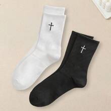 2 Pairs Men Cross Printed Socks Fashionable And Versatile Short Socks Comfortable Soft Lightweight Breathable Casual Socks