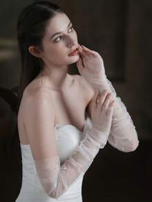 1 Pair Minimalist White Pearl Long Bridal Arm Sleeve, Wedding Party Evening Gown Accessory Autumn Accessories