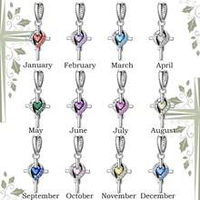 1Pc Streling Silver S925 Cross Month Series Pendant Inlaid With Solid Color Artificial Zirconia Seal Carved English Month Letters Diy Bracelet Necklace Making Birthday Gift