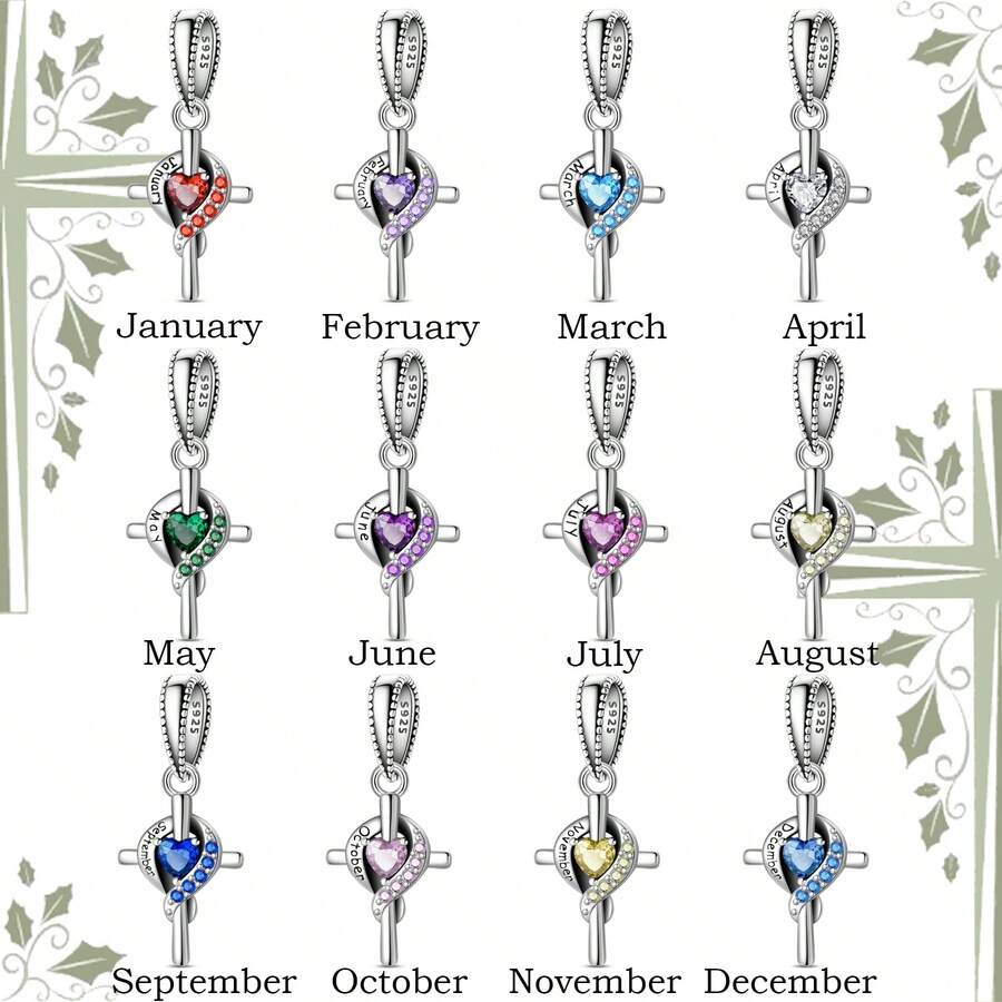 1Pc Streling Silver S925 Cross Month Series Pendant Inlaid With Solid Color Artificial Zirconia Seal Carved English Month Letters Diy Bracelet Necklace Making Birthday Gift
