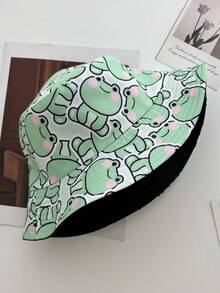 1pc Women Cartoon Frog Print Reversible Bucket Hat, Summer Sun Protection Casual Cap - Green - View 2