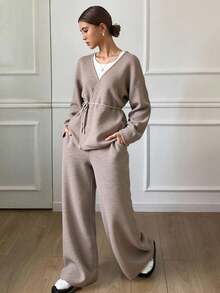Livesso Set de 2 piezas: Cárdigan de manga de murciélago de unicolor y pantalones de punto para mujer, ropa de mujer de otoño - Caqui - Ver 1