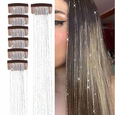 23.6Inch Clip In Hair Tinsel Kit, Silver Hair Tinsel Heat Resistant Fairy Hair Tinsel Clip In Glitter Hair Extensions, Sparkles Festival Hair Accessories Women Girls (Silver)