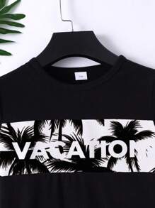 Conjunto de 2 peças de camisa e shorts de malha com estampa de coqueiro havaiano e letras para meninos, verão